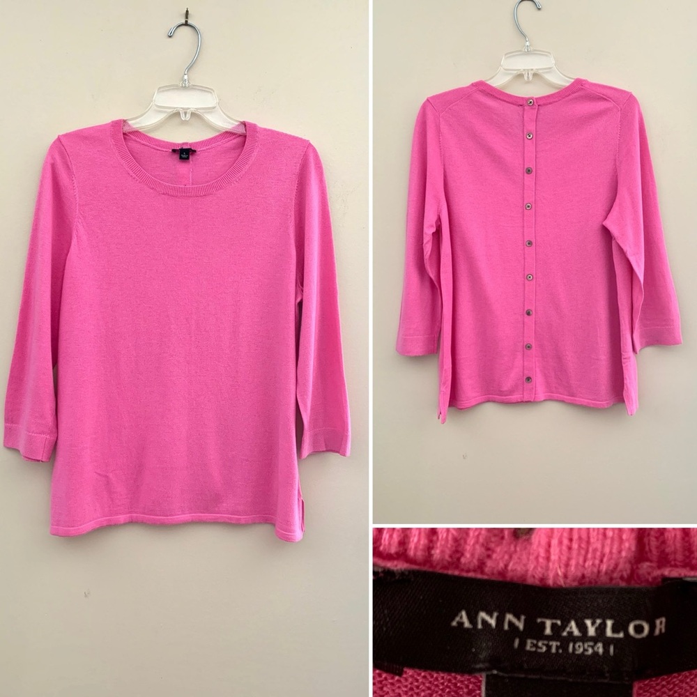 Ann Taylor crewneck pink button back light sweater. Size L - Picture 2 of 13